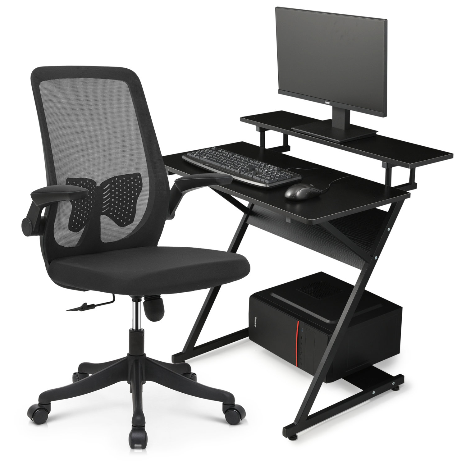 Computer desk outlets and chair